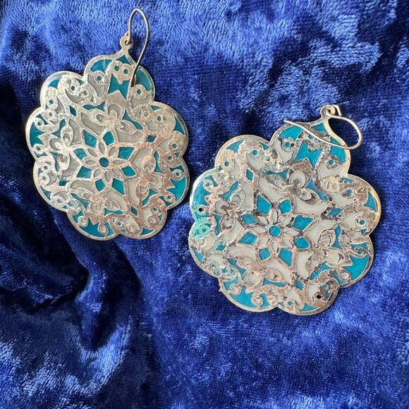 5/$25 Gold Teal Mandala Medallion Earrings - Picture 4 of 9